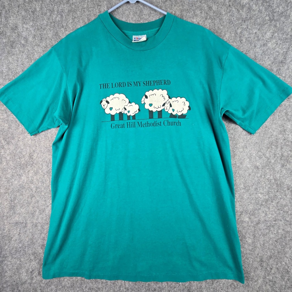 Hanes T-Shirt Men XL Teal Regular Fit Lord Is My Shepherd Sheep Church Vintage